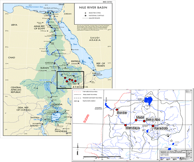 The Nile watershed. Black lines show existing water control structures in the basin; circles show locations for proposed new hydropower projects in Ethiopia that are the focus of my work in this region